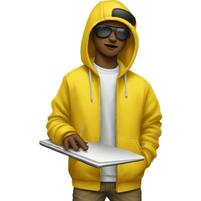 rapper wearing yellow with a mackbook emoji