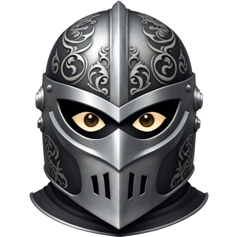 A masked man knight with intricate black engravings on his steel helmet, eyes glowing with fury emoji