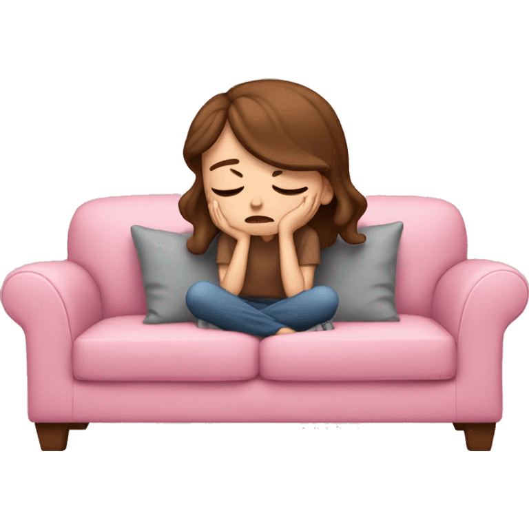 sad white girl with brown hair crying on the cozy pink couch  emoji