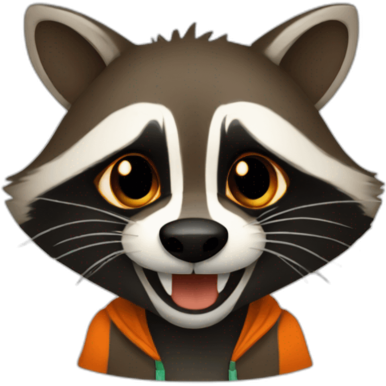 brown raccoon with orange eyes and a dark green hood that is laughing emoji