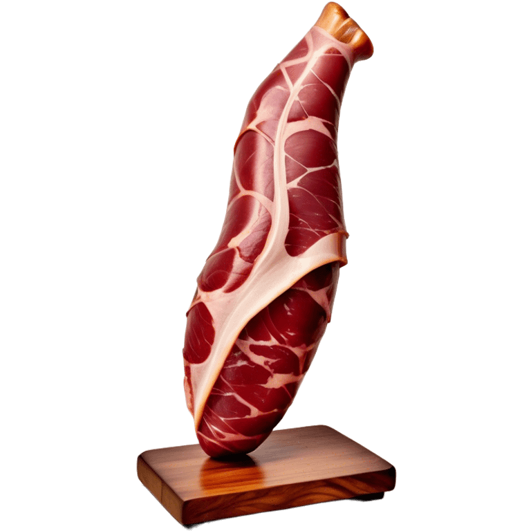 ​Cinematic Realistic Spanish Jamón Leg, depicted as a massive, cured leg of Jamón serrano with a deep reddish-brown hue, intricately marbled and slightly glossy with age, elegantly displayed on a rustic wooden stand and bathed in warm, soft lighting that accentuates its artisanal heritage, emoji