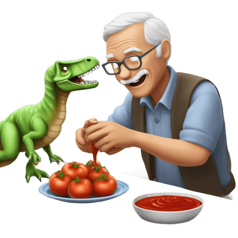 Old man drizzling tomato sauce over his pet dinosaur  emoji