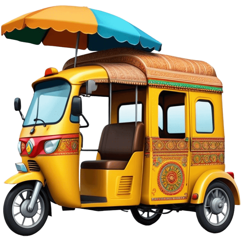 Cinematic Realistic Indian Auto Rickshaw Emoji, depicted as a colorful, bustling auto rickshaw with intricate designs and vibrant hues, rendered with lively textures and dynamic urban lighting that captures its quintessential presence in Indian cities. emoji