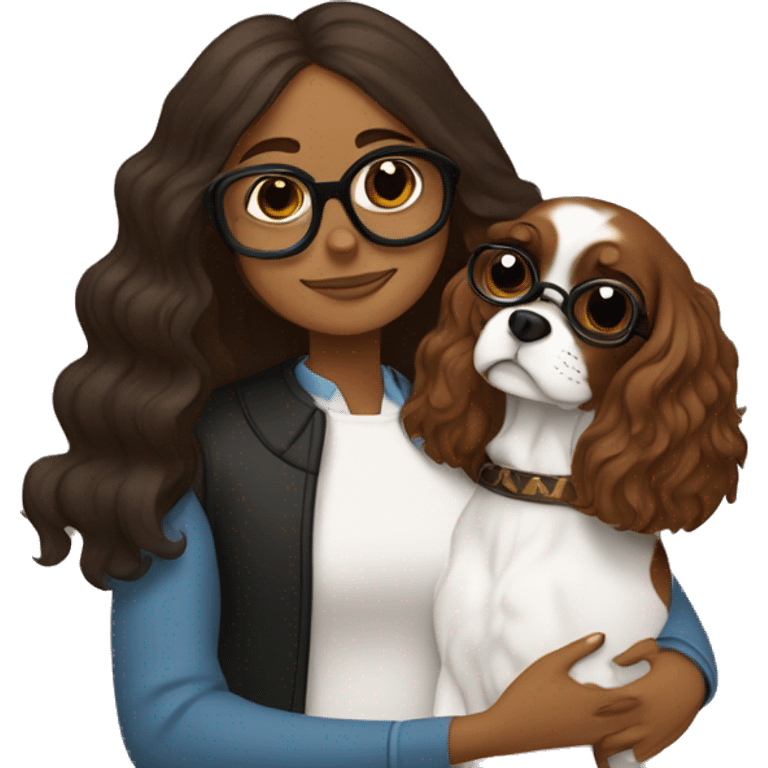 brown girl with squared glasses hugging a black and brown king charles spaniel  emoji