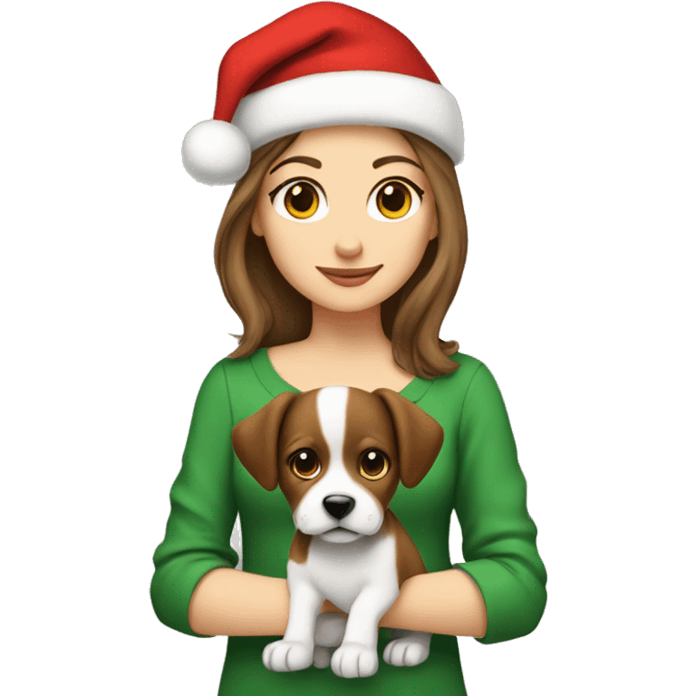 Brown hair white girl with a Christmas hat on with a puppy emoji