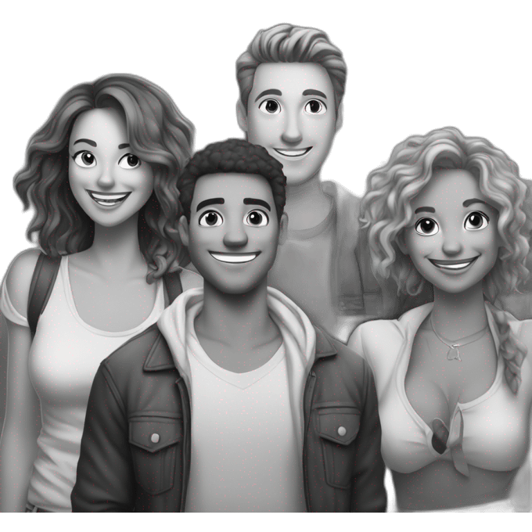  group of friends with a lot of money, make the image look comic style and be in black and white emoji