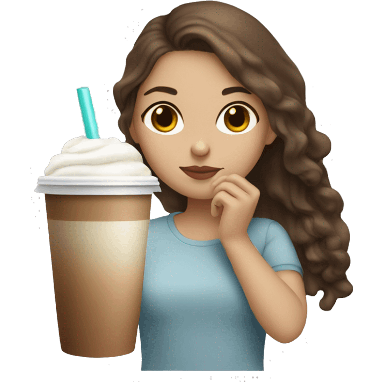 girl with brown hair drinking ice latte emoji