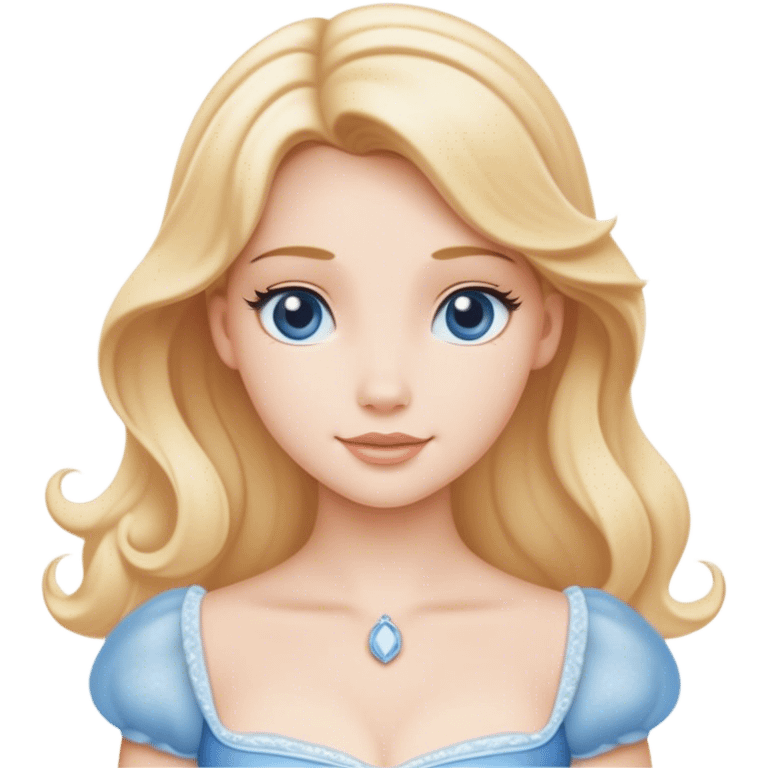 Cinematic Serene Cinderella Portrait Emoji, rendered in a realistic, vector-style with minimal shading. Depict a gentle Cinderella (chest and above) with porcelain skin, smooth blonde hair falling in soft waves, and calm, inviting eyes. Dressed in her modest daytime dress, she exudes quiet grace and pure enchantment, highlighted by a soft glowing outline. emoji