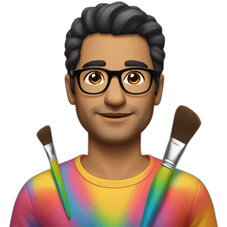 latino man glasses without moustache with rainbow clothes and flowers on face and paintbrush emoji