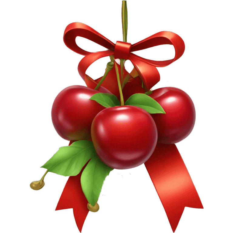 A gift bow with two short strings hanging down. From the center of the bow, two cherry stems with cherries dangle down, as if they are part of the bow emoji