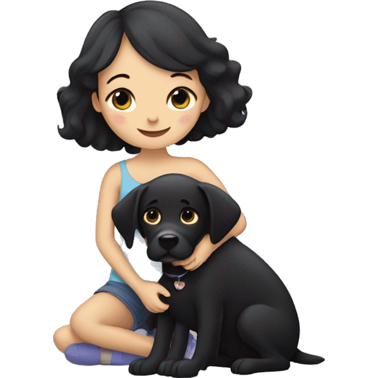 Old black Labrador dog cuddling with girl with black hair emoji