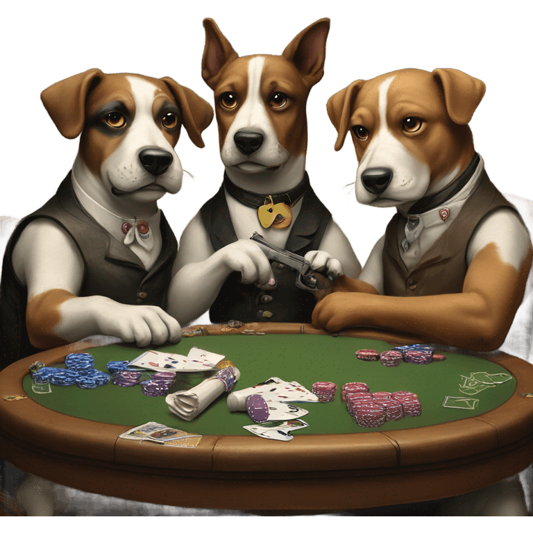 three dogs playing poker painting holding guns emoji