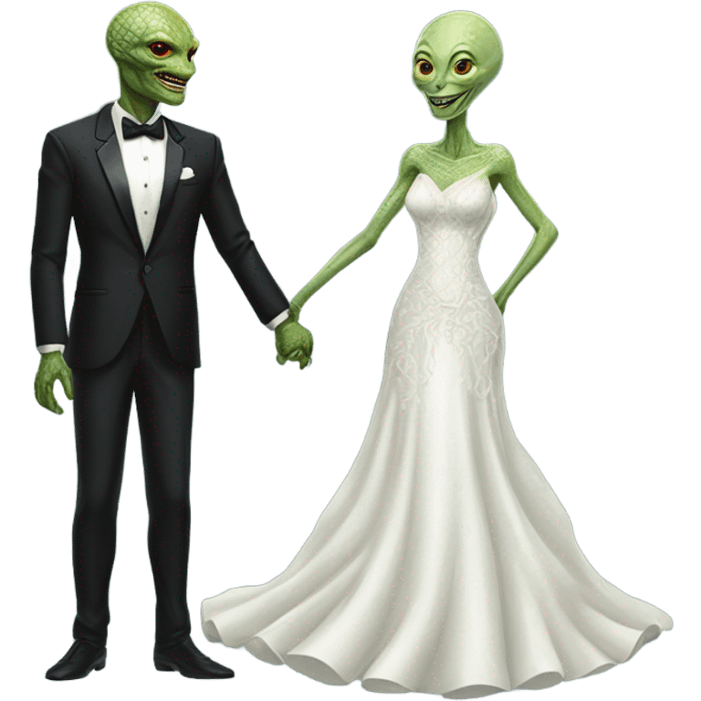 Alien reprilian woman in wedding dress and one humman man in a tuxedo holding hands getting married emoji