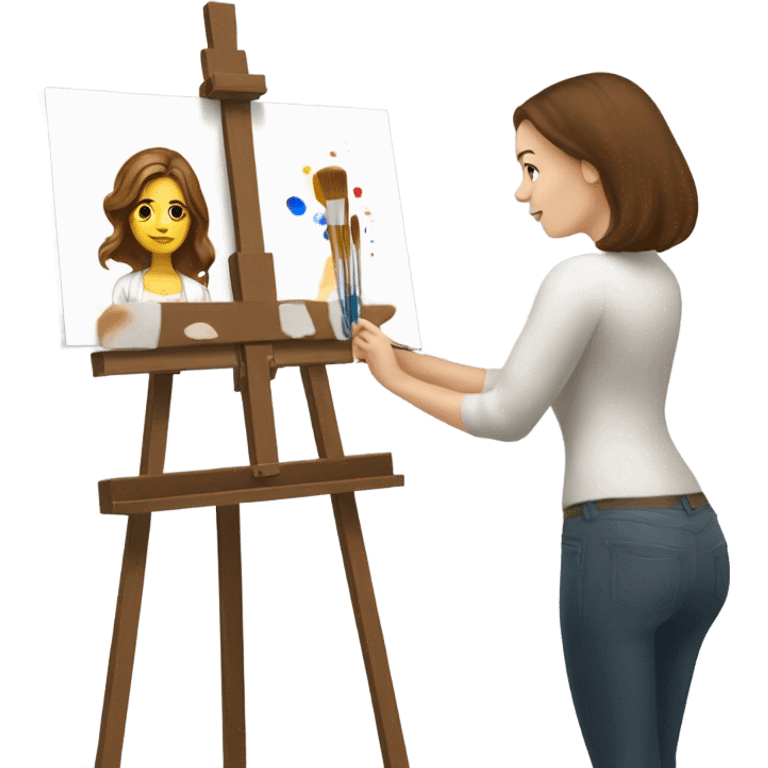 A female Caucasian brown haired artist, painting at an easel with Canvas on the easel emoji