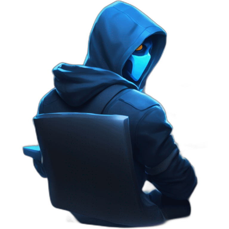 developer behind his laptop with this style : Riot Games Valorant neon glowing bright blue character blue black hooded assassin themed character emoji