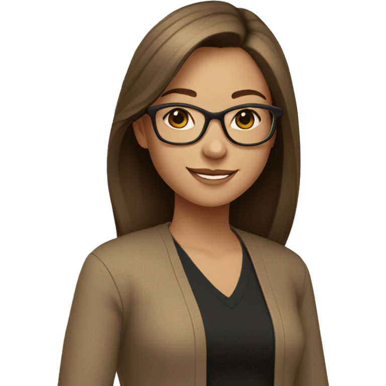 Girl with straight hair brown hair, smiling gold glasses with black blouse and light brown cardigan. emoji