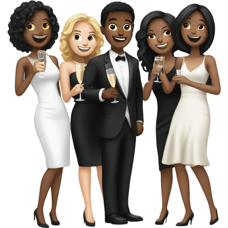 Group of 5 smiling women with black dresses, one boy black suit and a woman with white dress clinking champagne emoji