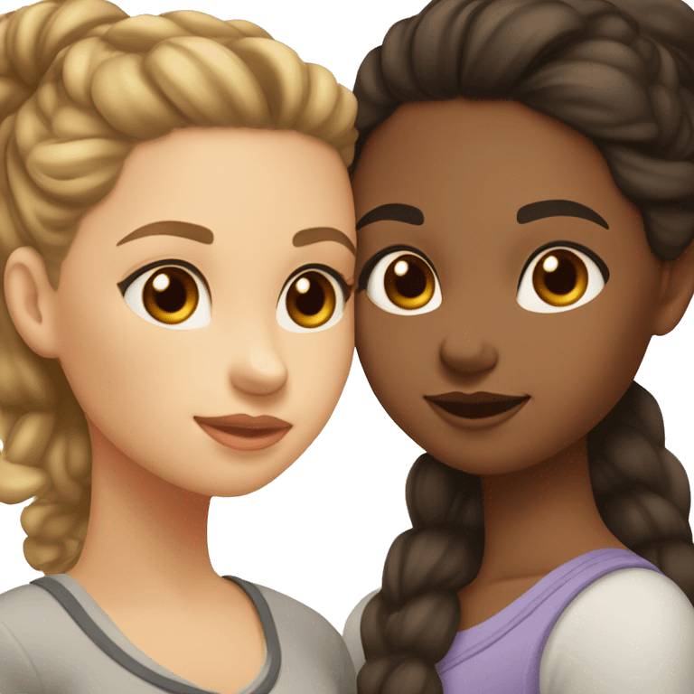 two girls are kissing, one of them has light skin, brown eyes, dark brown hair in a bun, the other has light skin, gray eyes and long brown loose hair emoji