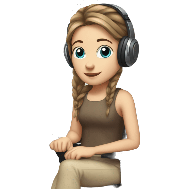 white girl at desk, brown hair, ponytail, blue eyes, computer, headphones emoji