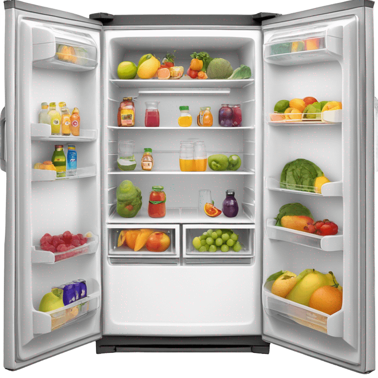 A white double door fridge with both doors open. Inside it has shelves with fruit and vegetables in organized containers. Also clear bottles filled with juices that is organized emoji