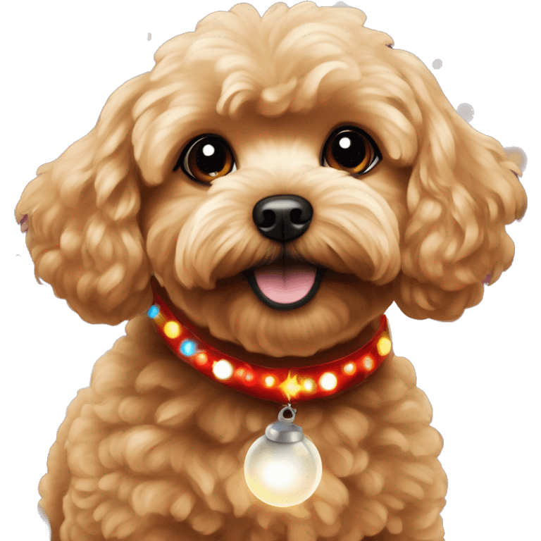 Red maltipoo with Christmas lights decorated around its neck emoji