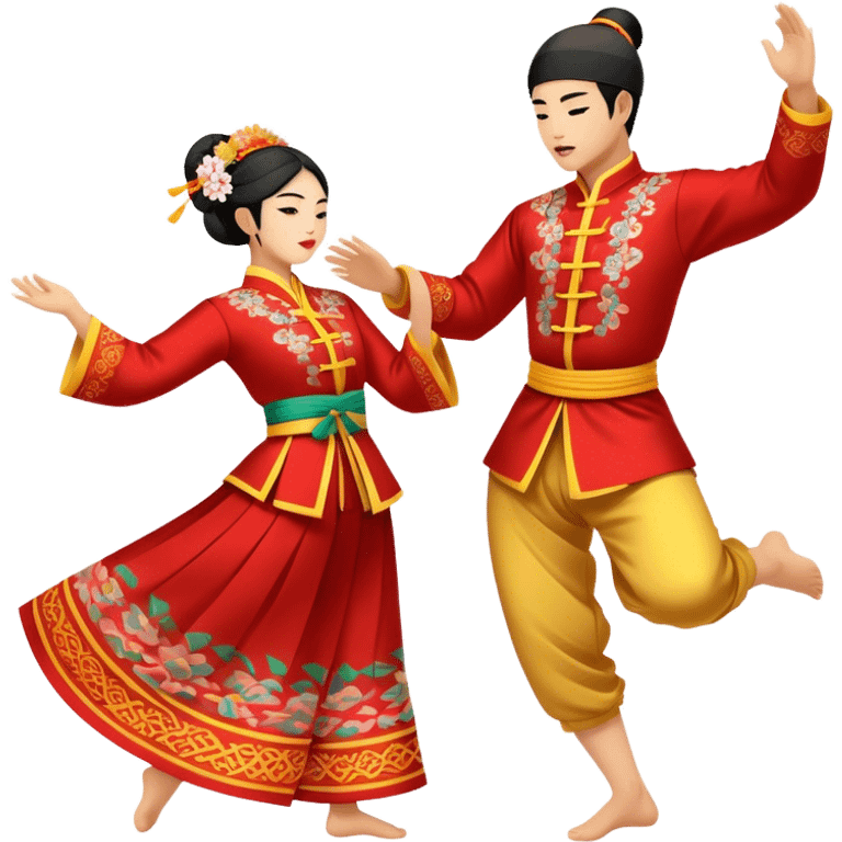 Cinematic Realistic scene of two performers executing a traditional Vietnamese folk dance, adorned in intricately patterned traditional costumes, captured in fluid motion with soft, culturally rich lighting emoji