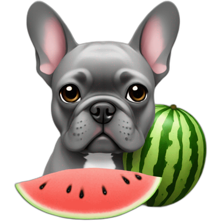 Gray french bulldog with watermelon emoji