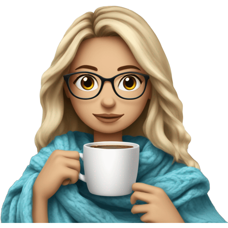 Balayage hair Girl drinking coffee, with a cozy blanket wearing glasses with blue eyes beautiful  emoji