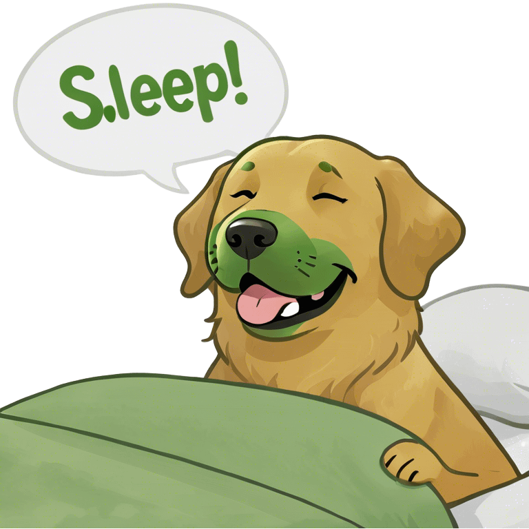 Golden retriever with speech bubble saying sleep well emoji