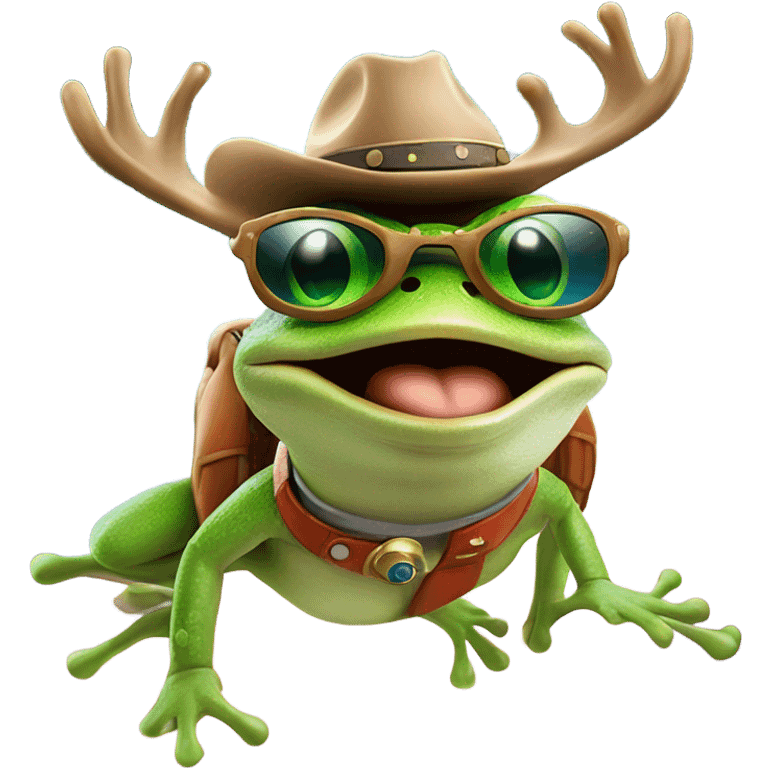 Frog in space riding a reindeer with cowboy hat & aviator sunglasses emoji