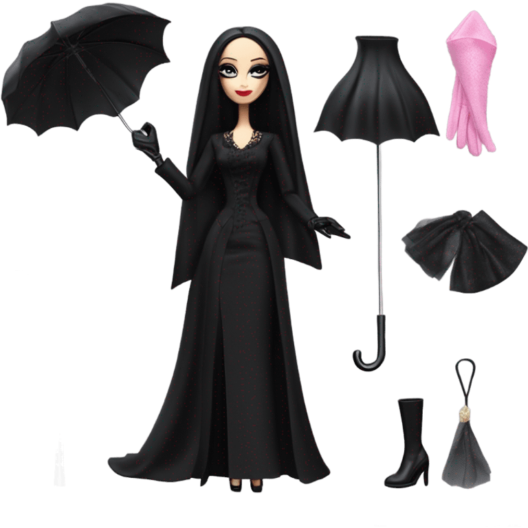 Funeral Barbie,teen Morticia Addams ,drying tears with handkerchief, show full body,accessories  gloves, funeral veil, holding umbrella  emoji