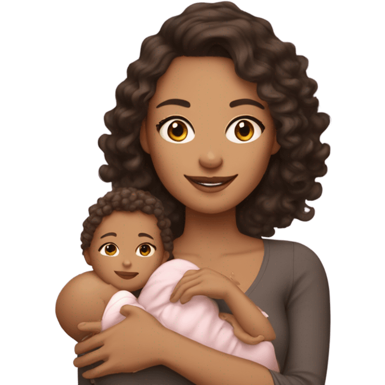 mom with light tan skin, shoulder length dark brown curly hair carrying 2 babies  emoji