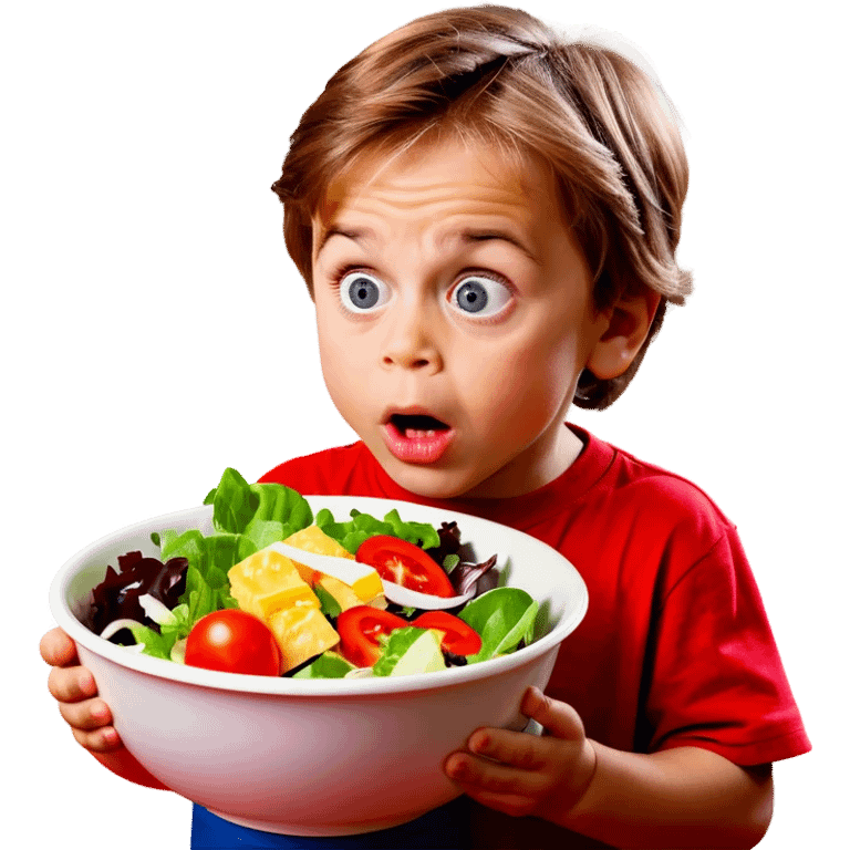 A 4-year-old boy who doesn't like to eat salad. The boy has expressive eyes and light brown hair. emoji