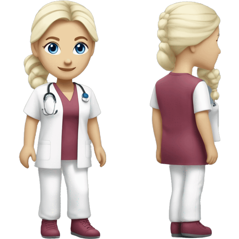 Nurse with platinum blonde hair, wearing hair into a ponytail, blue eyes, burgundy tunic, white pants, pink shoes emoji