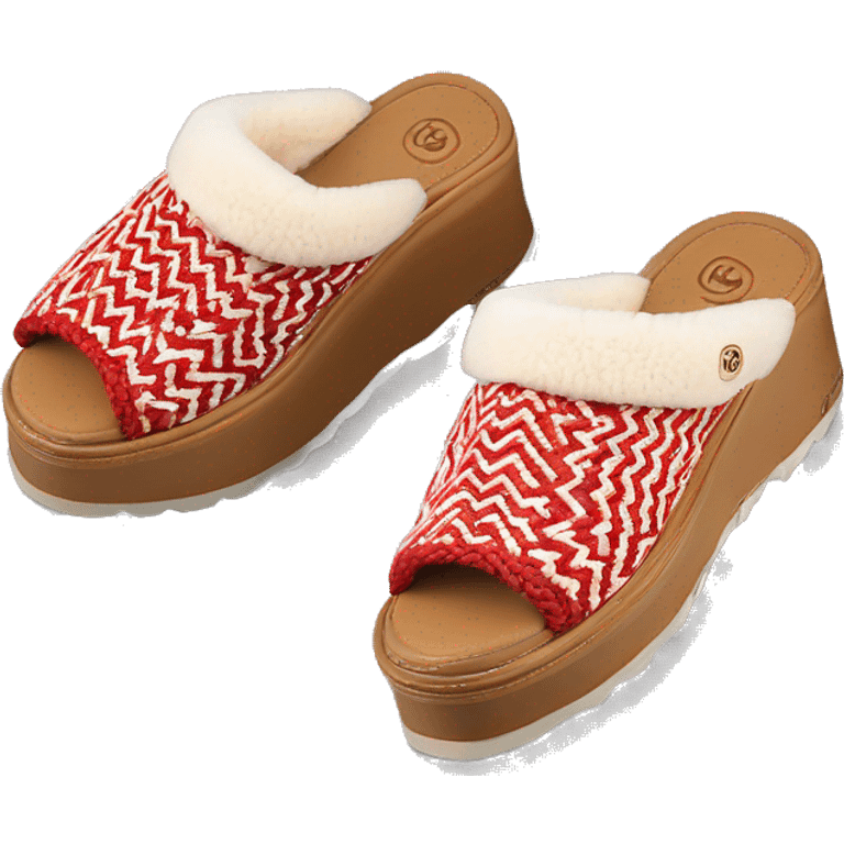 Camel color chunky platform slip-on mule UGG slippers. Very thin red and white woven zig-zag trim line detail on the cuff emoji