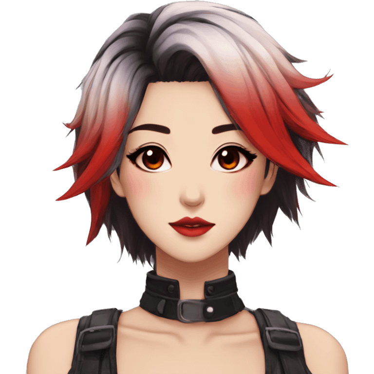 Gorgeous anime style lady with blushing face aesthetic and pretty edgy black red punk hair with hair garment trending style emoji