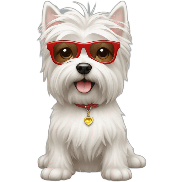 Humano con pelo de punta y gafas rojas con un perro westie emoji