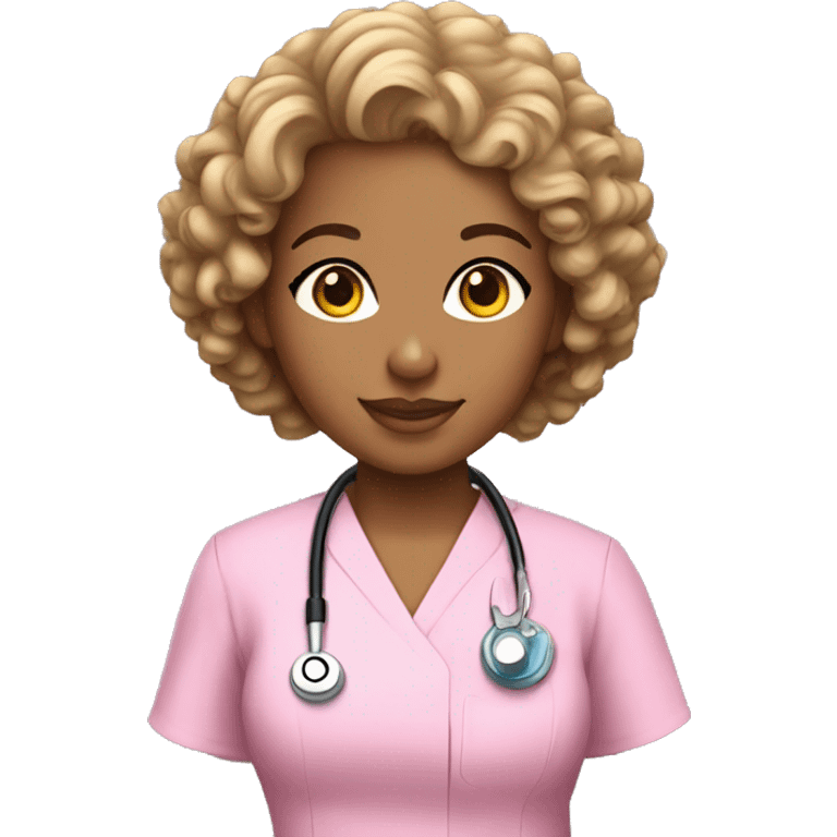 Light skin nurse with curly hair in pink scrubs emoji