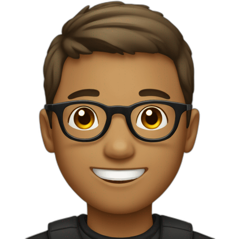 A smiling boy with short hair wearing black-rimmed round glasses emoji