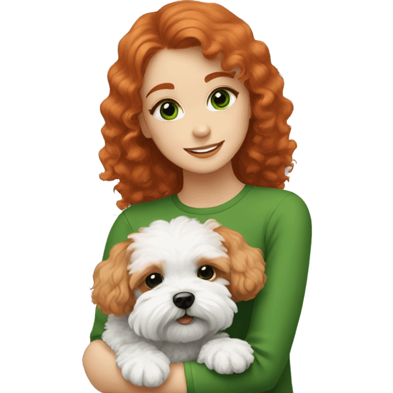 red haired girl with green eyes  hugging her black and white Maltipoo-dogs emoji