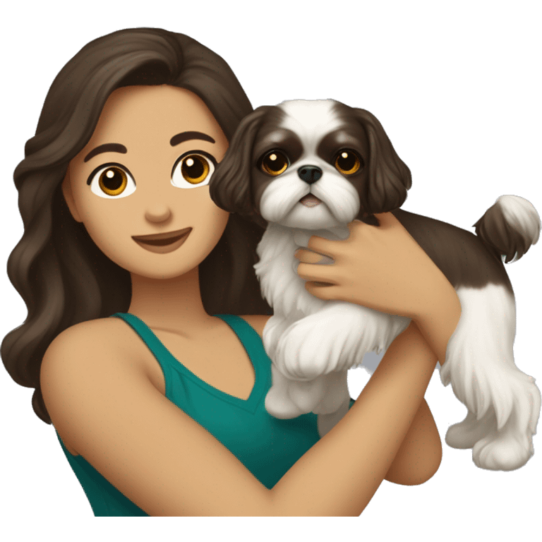 Young dark brunette medium kin hair woman with a golden shih tzu in her arms long wavy hair emoji