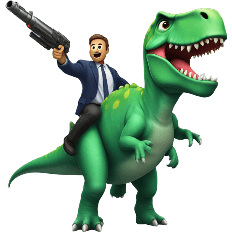 A dinosaur holding a gun in a rocket going trough the space with a man dancing  emoji