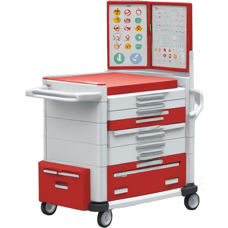 Singular Red medical crash cart is a mobile, multi-drawer unit designed to store and organize emergency medical supplies and equipment emoji