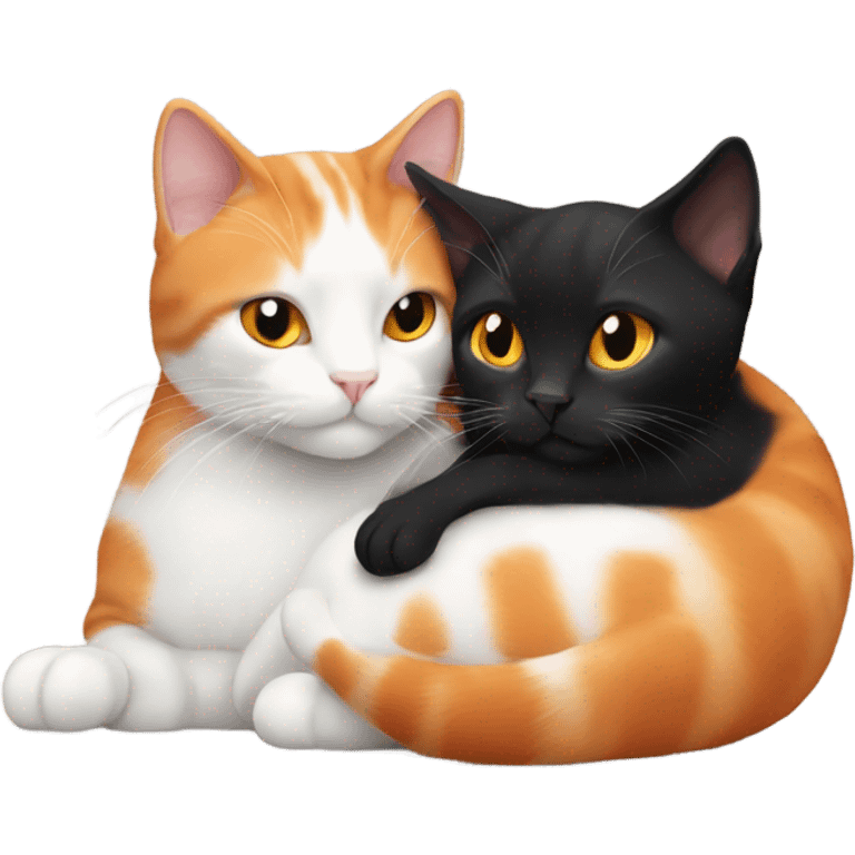 Orange and white cat cuddles small black cat emoji