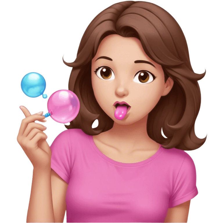 A digital illustration of a cartoon-style woman with shoulder-length brown hair, wearing a pink shirt. She is blowing a pink bubble gum bubble while playfully twirling a strand of her hair with her fingers. Her facial expression is relaxed and carefree. The background is plain white *3d emoji* emoji