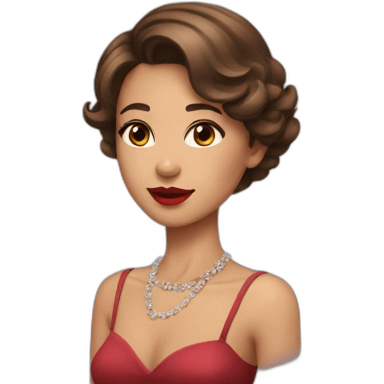 A girl with brown eyes brown short hair wearing necklace and red lipstick  emoji