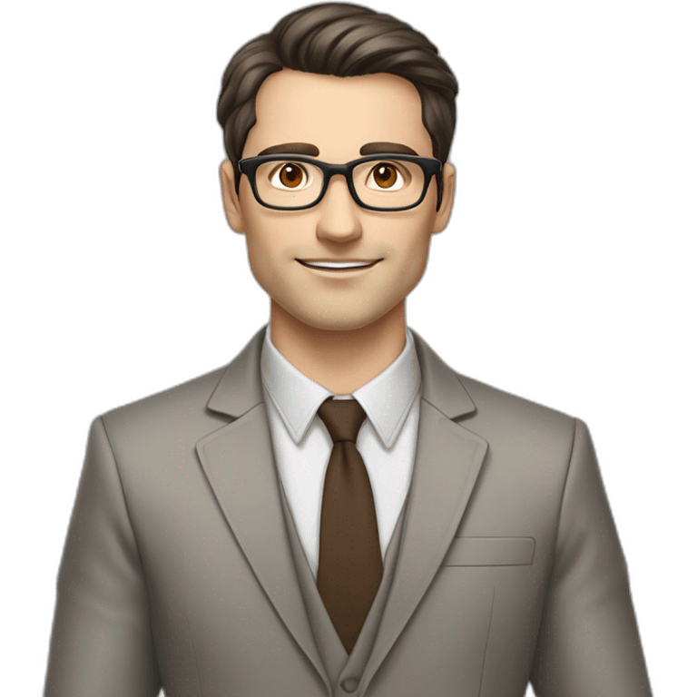 Pale skinned fit man with dark brown hair in gray jacket, beige office shirt, brown tie, brown pants and vintage glasses Writing on the marker board emoji