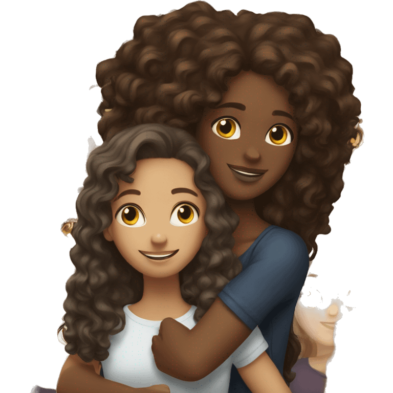 black girl with long curly hair hugging white girl with long brown hair emoji