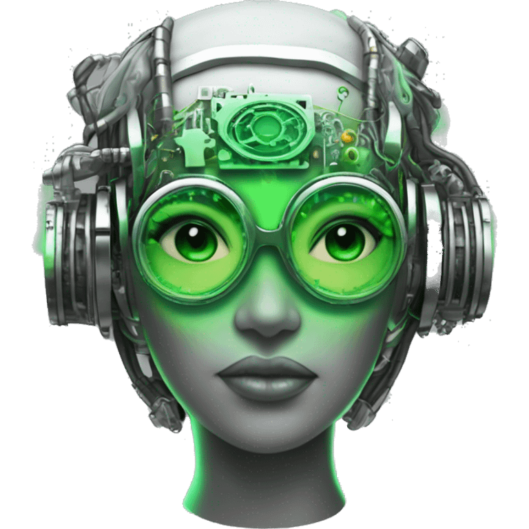 Neon green bobbed hair Latina female cyborg head with silver steampunk goggles and circuits emoji