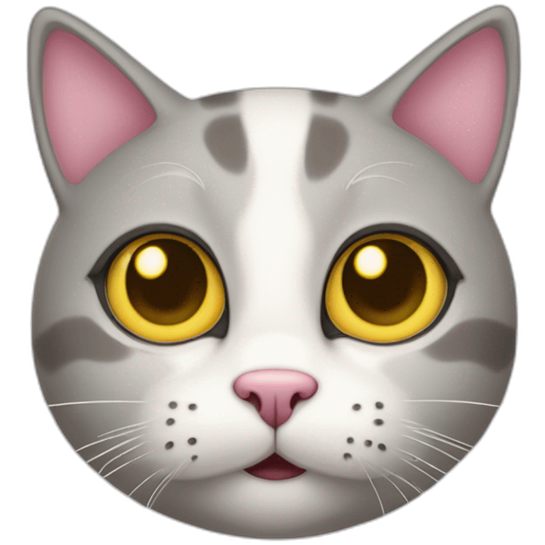 cat, mostly white face, pink nose, gray around ears and eyes, thin white line on top of head, yellowish grayish eyes emoji